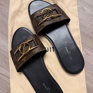 Louis Vuitton Monogram Slide Sandals with Gold LV Buckle WOMEN’s Size 39.5